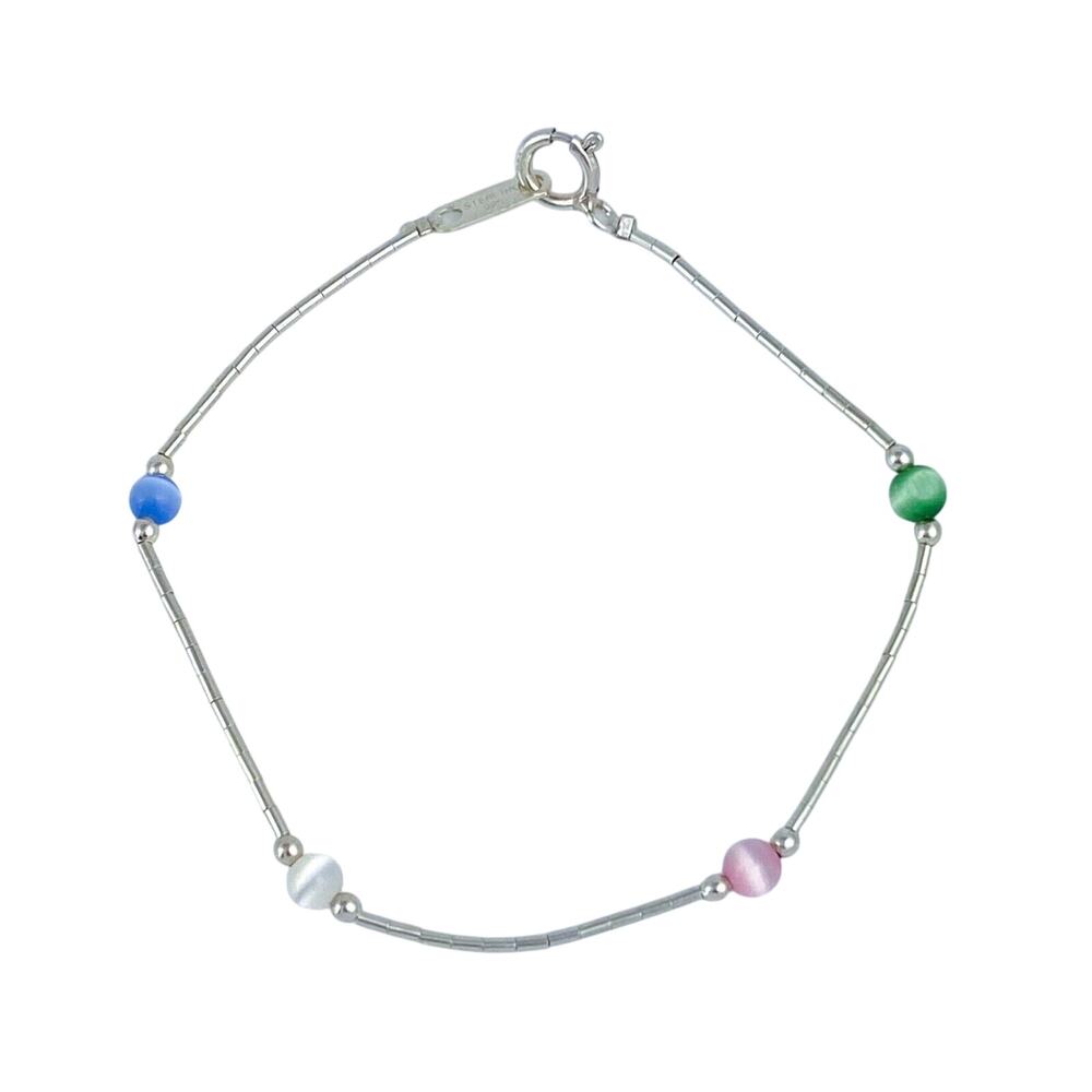 Vintage Sterling Silver 925 Multicolor Cat’s Eye Bracelet 7"